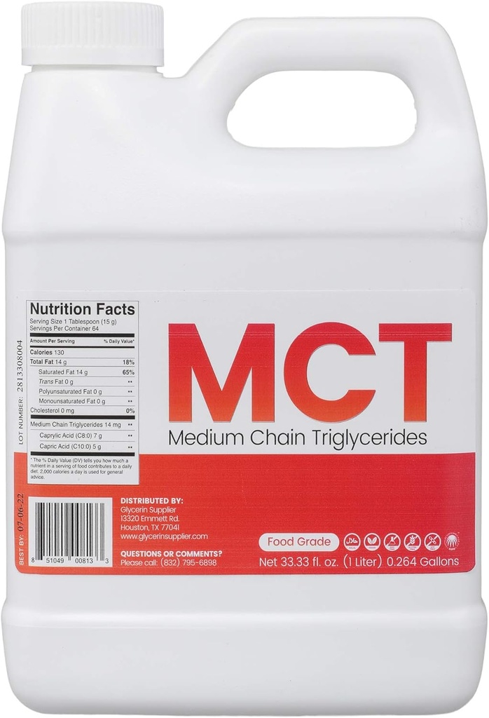Glycerin Προμηθευτής MCT Oil - 1 Liter (33,33 Oz.) Food Grade - Non GMO - Hahal - Vegan - Βιώσιμη Palm Derived - για Κολλήματα, Αθλητική Διατροφή, Keto ή Παλαιό Διατροφή, Καθαρή Ενέργεια