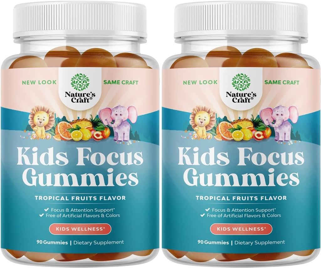 Παιδιά Focus Gummies - Nootropics Συμπλήρωμα υποστήριξης εγκεφάλου για τα παιδιά με εκχύλισμα πράσινου τσαγιού, B6 & B12 Βιταμίνες για τη μνήμη και το εγκεφαλικό Focus - Φυτικές Μάσα Συγκέντρωσης για τα παιδιά - 90 Count - 2 Pack