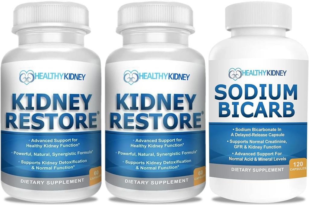 Kidney Cleanse and Kidney Health Supplement to Support Normal Kidney Function 60 caps, 2 Pack with Sodium Bicarbonate 650mg Capsules, 120 Pills