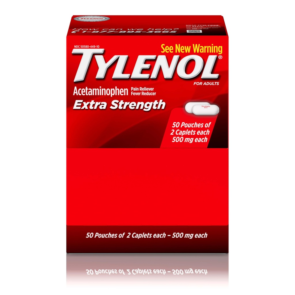 Tylenol Extra Strength Acetaminophen Caplets, 500 mg, Ανακουφιστικό για τον πόνο και τον πυρετό Reucer για τον πονοκέφαλο, τον πόνο στην πλάτη, τον πονόδοντο, εμμηνορρυχεία κράμπες & πόνο, Travel-Friendly Συσκευασία, 2-Caplet Pouches, 50 Count