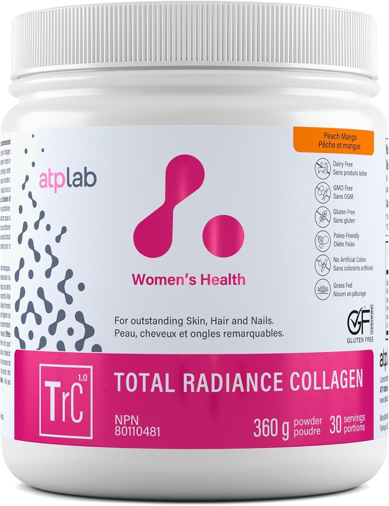 ATP LAB Total Radiance Collagen - Ροδάκινο Mango Flavor, 360g - Κολλαγόνο Peptides Σκόνη για γυναίκες - Υδρολυμένο συμπλήρωμα πρωτεΐνης κολλαγόνου με Βιοτίνη