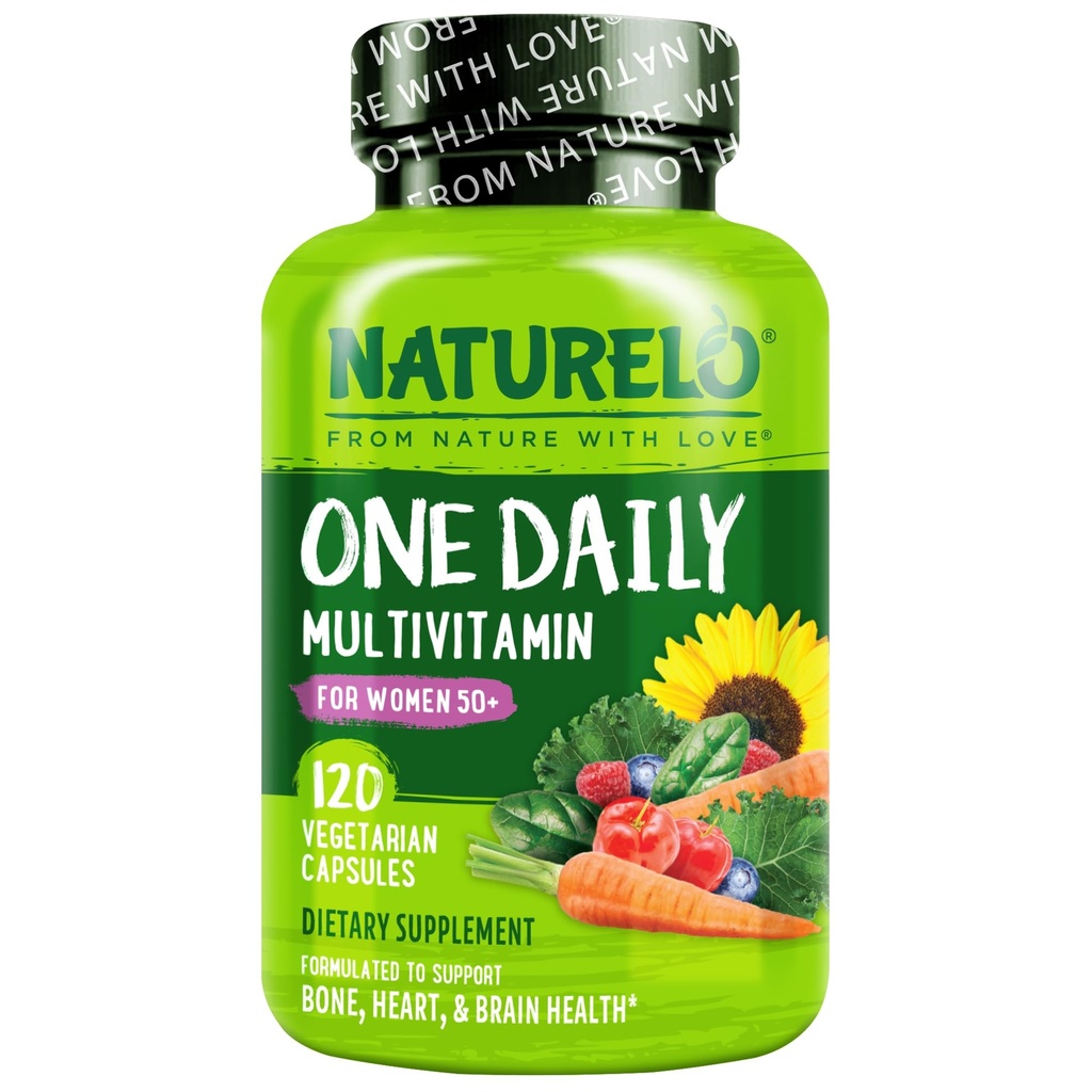 NATURELO Μία καθημερινή πολυβιταμίνη για γυναίκες 50+ (Δωρεάν Iron) - Υποστήριξη για την εμμηνόπαυση για γυναίκες άνω των 50 - ολόκληρο συμπλήρωμα διατροφής - μη-ΓΤΟ - Όχι σόγια - 120 κάψουλες - 4 μήνες προσφοράς