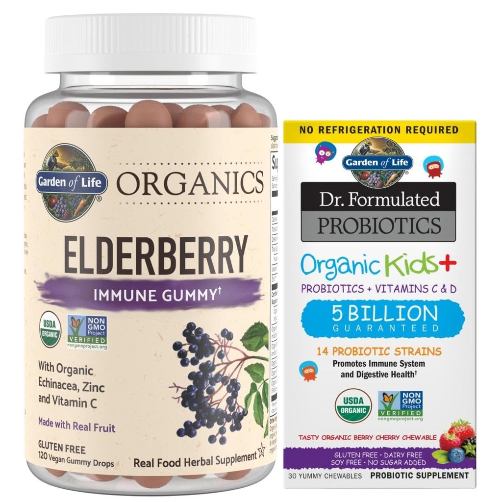 Garden of Life Organics Gummys Elderberry για ενήλικες & παιδιά - Συμπλήρωμα υποστήριξης ανοσοποιητικών & Dr. Formulated Probiotics Organic Kids+ Plus Vitamin C & D - Berry Cherry