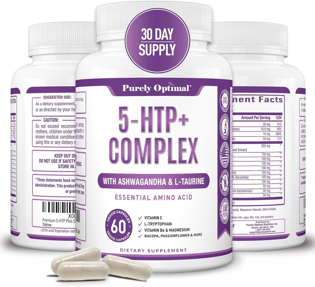 Premium 5-HTP Plus συμπλήρωμα 250mg μέγιστης αντοχής - Sleep Aid, Mood Boost, προωθεί την ηρεμία και χαλάρωση, υποστήριξη διαχείρισης στρες - Ενισχυμένη με βιταμίνη B6, χωρίς γλουτένη, μη-GMO, 60 Veggie Caps