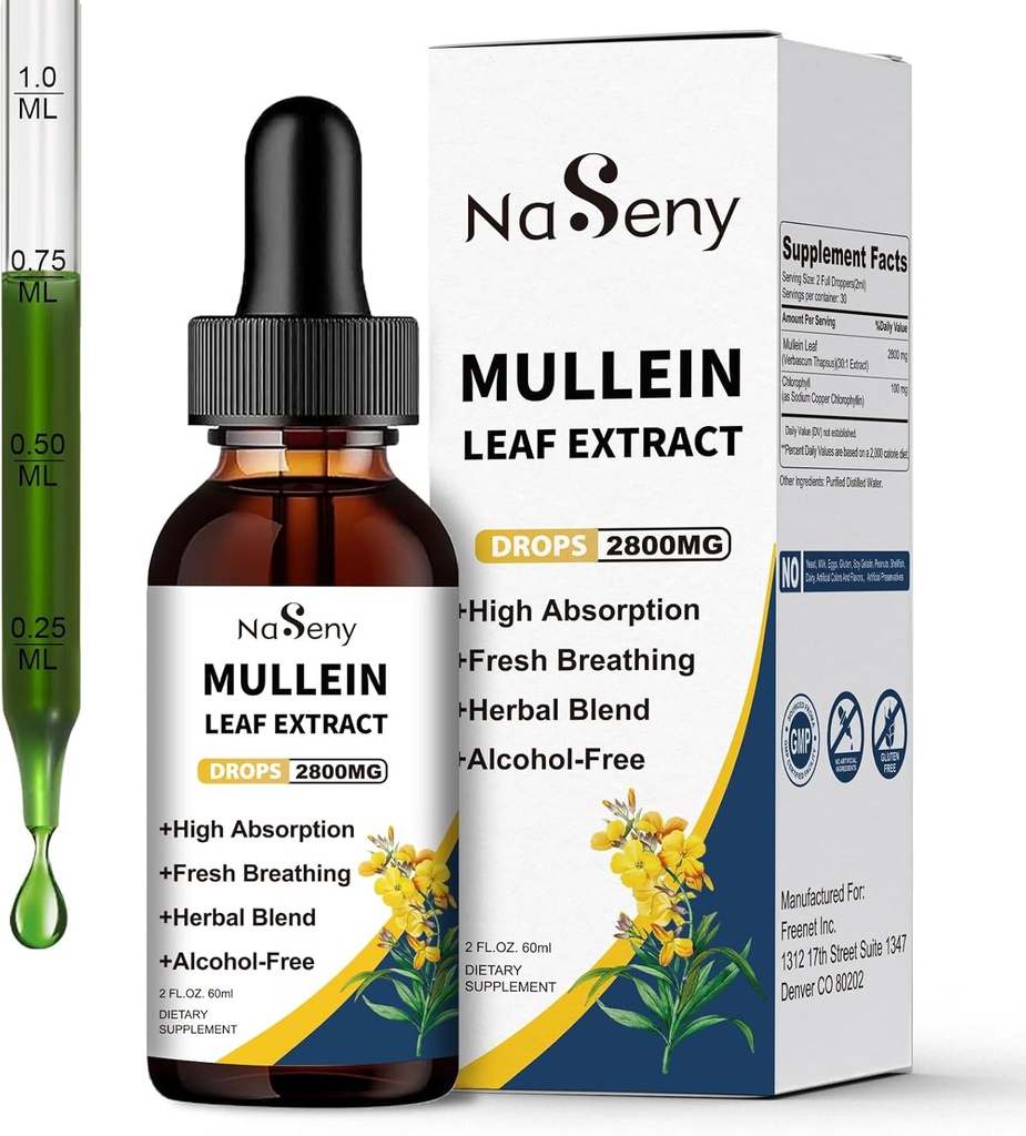 Mullein Drops for Lung Cleanse, Mullein Leaf Extract Liquid with Chlorophyl for Smokers, Herbal Liquid Drops Supplement for αναπνευστικό, ανοσοποιητικό (60ml)
