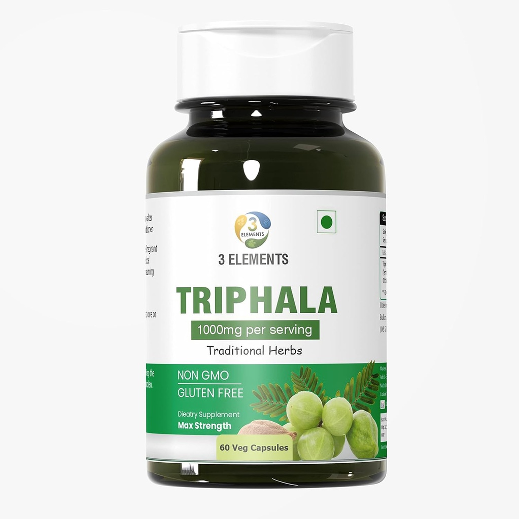 3elements Triphala 1000mg I 60 Capsules for Daily Detoxifying, Cleansing, & Rejuvenating, Digestion & Colon Support, Immune System Support, Adaptogen, Nutrient Dense, Vegan, Gluten-Free