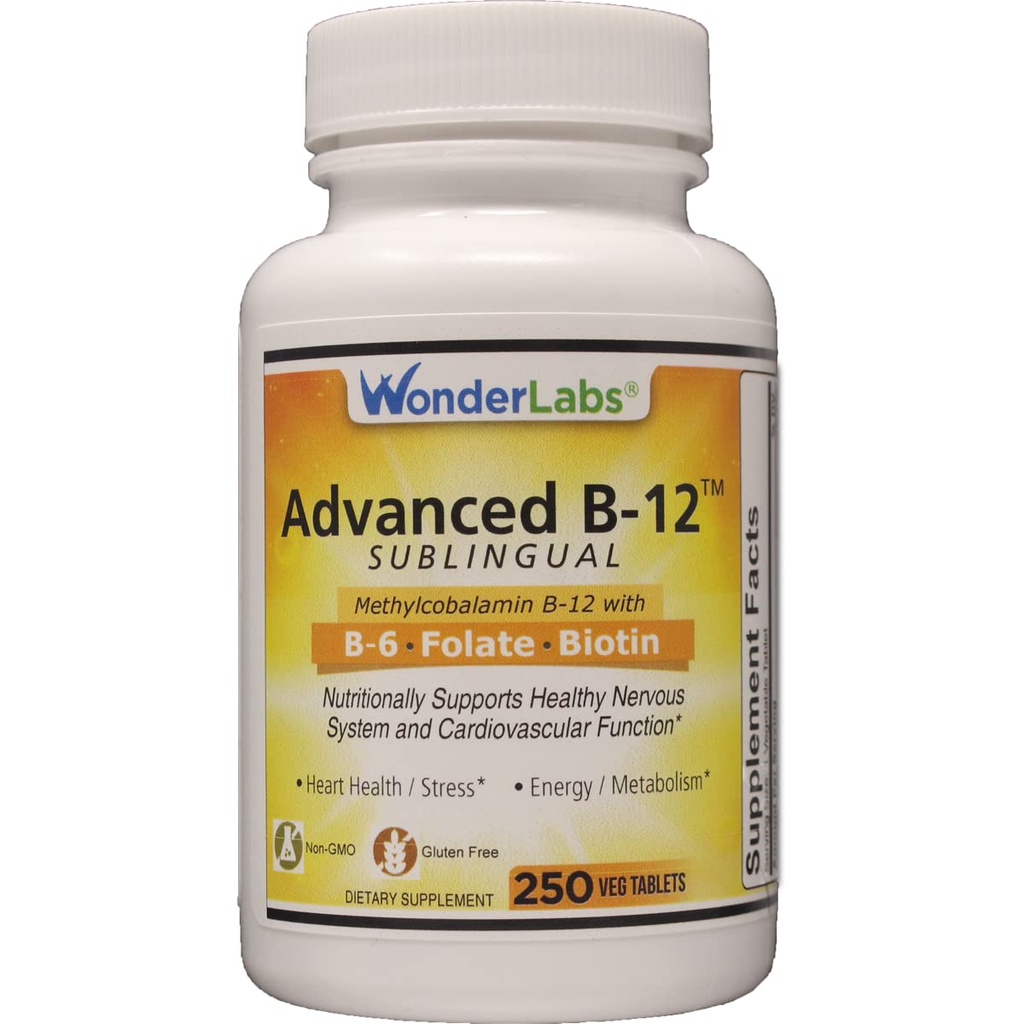 Wonder Laboratories Υπογλώσσια Βιταμίνη Β12 (1000 mcg), Β6 (5mg), Φολικό οξύ (400 mcg) & Βιοτίνη (25mcg) - Μορφοποιημένη με μεθυλοκοβαλαμίνη Βιταμίνη Β-12 (250 δισκία)