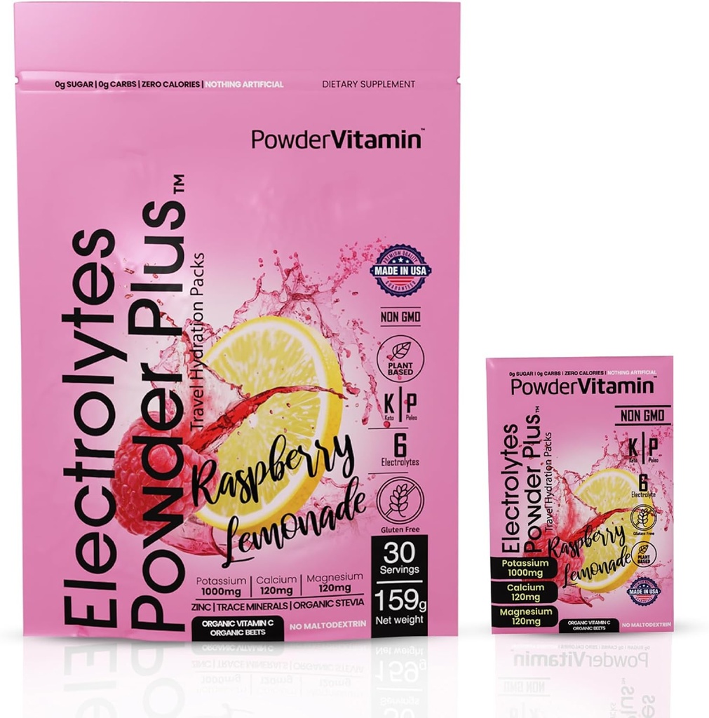 PowderVitamin Ηλεκτρολυτές σκόνης Plus, Keto, Λεμονάδα σμέουρων, Χωρίς ζάχαρη, 1000mg Κάλιο, 120mg Ασβέστιο, 120mg Μαγνήσιο, Μη-GMO, Μη-Ζωικές θερμίδες, 30 συσκευασίες ενυδάτωσης