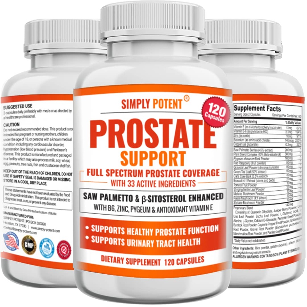 Συμπληρώματα Prostate για τους άνδρες (120 κάψουλες), Saw Palmetto Prostate Health Support - 33 Βιταμίνες & Βότανα - Beta Sitosterol Plus B6, Σελήνιο & Ψευδάργυρος για Υγιεινή ούρηση Συχνότητα & Ροή & Σωστός Ύπνος