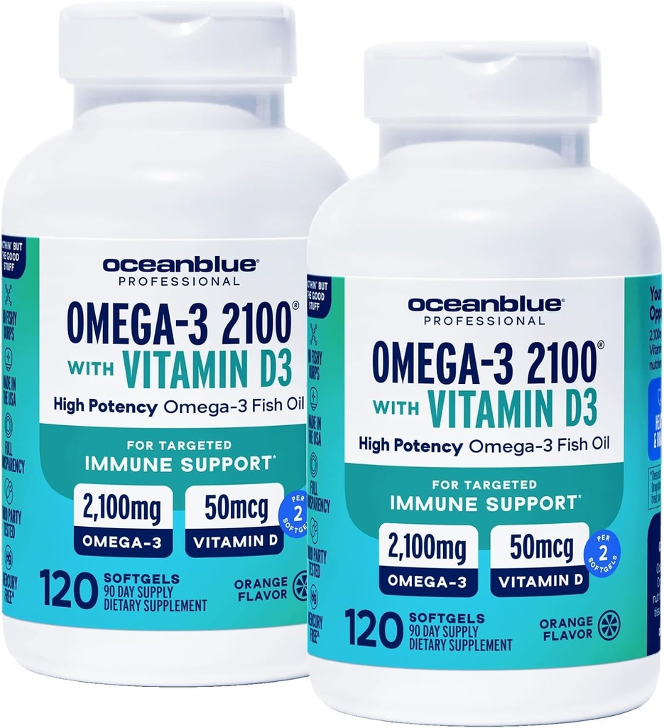 Oceanblue Professional Omega-3 2100 με βιταμίνη D3 – 120 ct - 2pack – Triple Strength Burpless Fish Oil Supplement with High-Potency EPA, DHA, DPA και βιταμίνη D3 – Wild-Caught – Orange Flavor