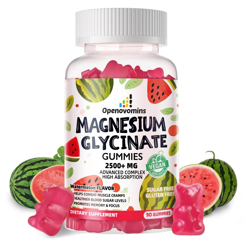 Γλυκινικό Μαγνήσιο Glycinate Gummies 2500mg - Συμπλήρωμα χωρίς ζάχαρη Μαγνήσιο Κάλιο με βιταμίνη D, B6, CoQ10 για την υποστήριξη ηρεμίας & ύπνου - 90 Καρπούζια
