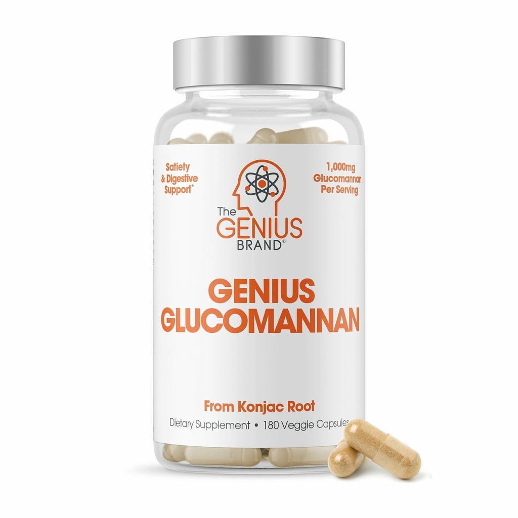 The Genius Brand Genius Glucomannan - Glucomannan Capsules for Digestive Health, Energy & Satiety Support - Natural Fiber for Stomach Comfort - Non-GMO & Vegan - 180 Veggie Capsules
