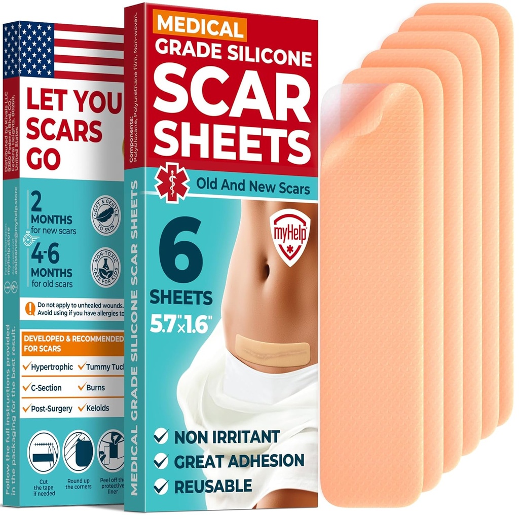 Medical Grade Silicone Scar Sheets - 6pk (5.7”x1.6”) - Visible Difference on Surgical & Keloid Marks - Reusable C-Section Scar Silicone Strips - Easy to Use Strips