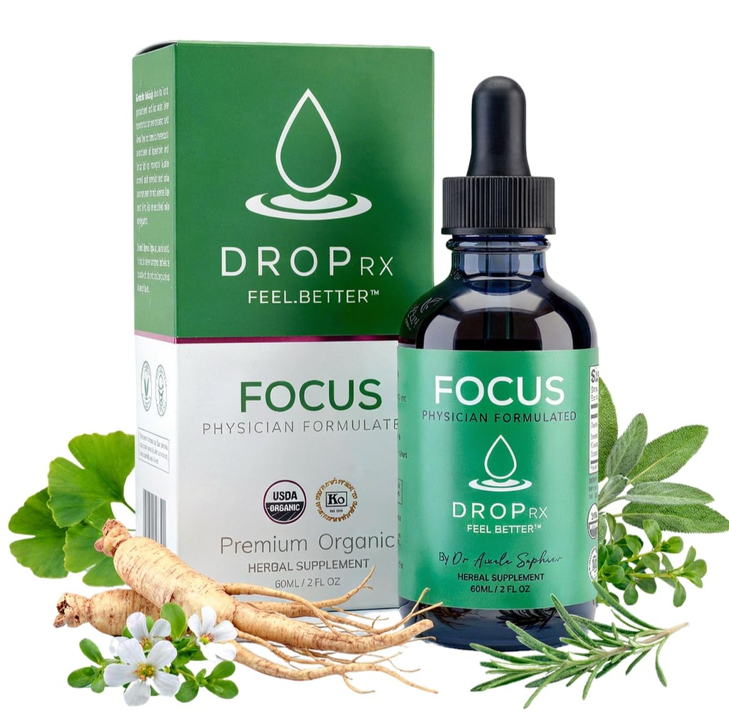 DropRx Focus by Dr. Nicole Saphier – Ginkgo Biloba & Ginseng, Bacopa, Rosemary & Sage for Memory Improvement and Brain Focus – Organic, Non-GMO, Vegan, Gluten-free, Kosher, Made in USA (2 Fl Oz)