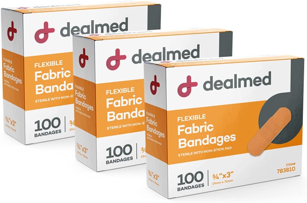 Dealmed Ύφασμα Ευέλικτες Αυτοκόλλητες Επιδέσμους – 100 Count (3 Pack) Επιδέσμους με μη Stick Pad, Latex Δωρεάν, Περιποίηση Τραυμάτων για το Κιτ Πρώτων Βοηθειών, 3" x 3/4"
