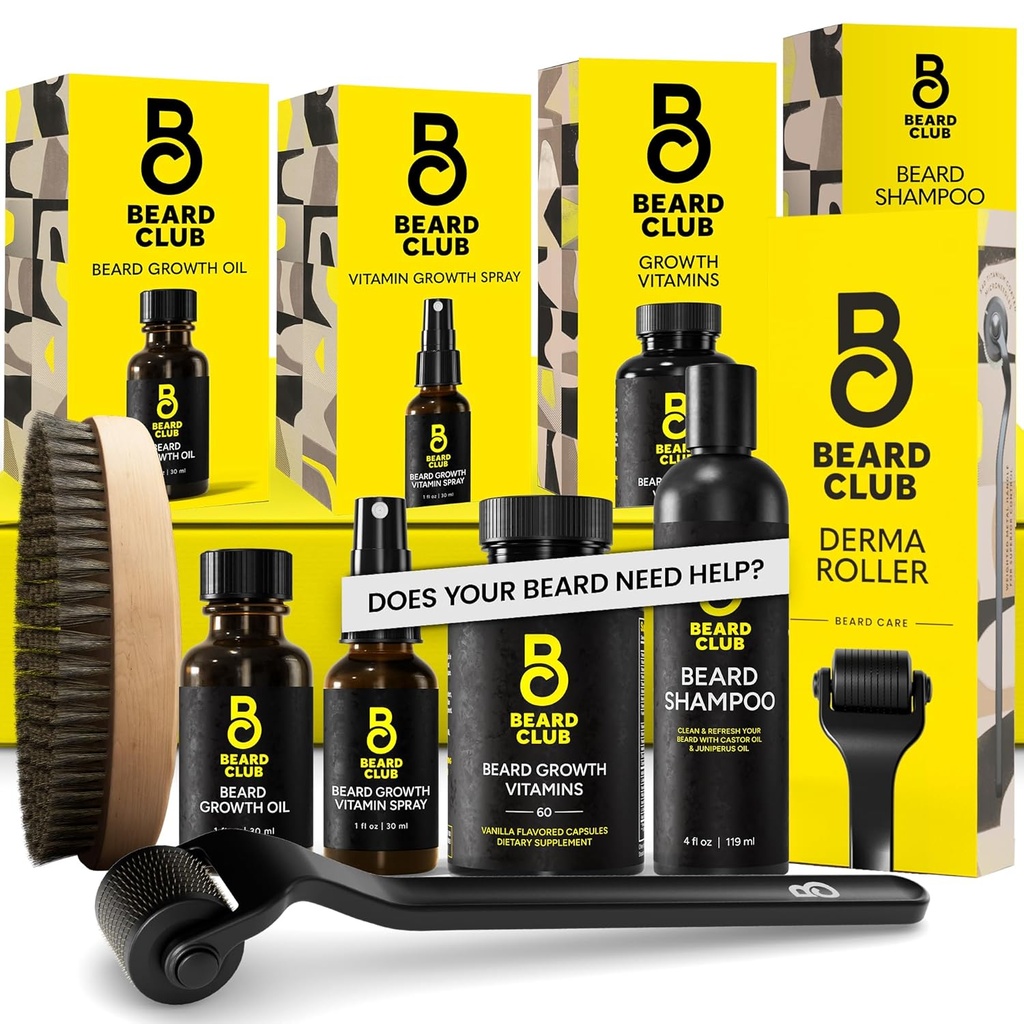 The Beard Club Advanced Beard Growth Kit - Derma Roller, Growth Oil, Βιταμίνες και Βιταμίνη Spray, Σαμπουάν και Boar Bristle Brush - Σετ δώρων - Cedar