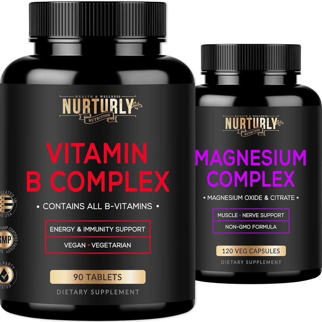 Magnesium and Vitamin B Complex - Μαγνήσιο Κιτρικό 500MG - Β Βιταμίνες B1,B2,B3,B5,B6,B7,B9,B12 και Βιοτίνη - Μυϊκό Χαλάρωμα, Ύπνος και Ενέργεια, Ασυλία και Υποστήριξη Mood