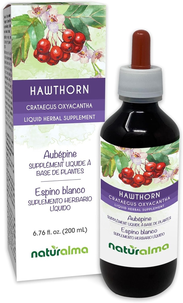 Naturalma Hawthorn (Crataegus oxyacantha) Φύλλο και λουλούδι Αλκοόλ-ελεύθερο Βάμμα - 6.76 fl oz Liquid Extract in Drops - φυτικό συμπλήρωμα - Vegan