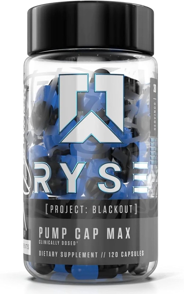 RYSE Project Blackout Pump Cap Max - Προ προπόνηση Nitric Oxide Booster συμπλήρωμα για τους άνδρες με Βεταΐνη Νιτρώδη & Κιτρουλλίνη Peptides για μέγιστη μυϊκή αντλία και ροή αίματος - 30 εξυπηρετήσεις (120 κόμης)