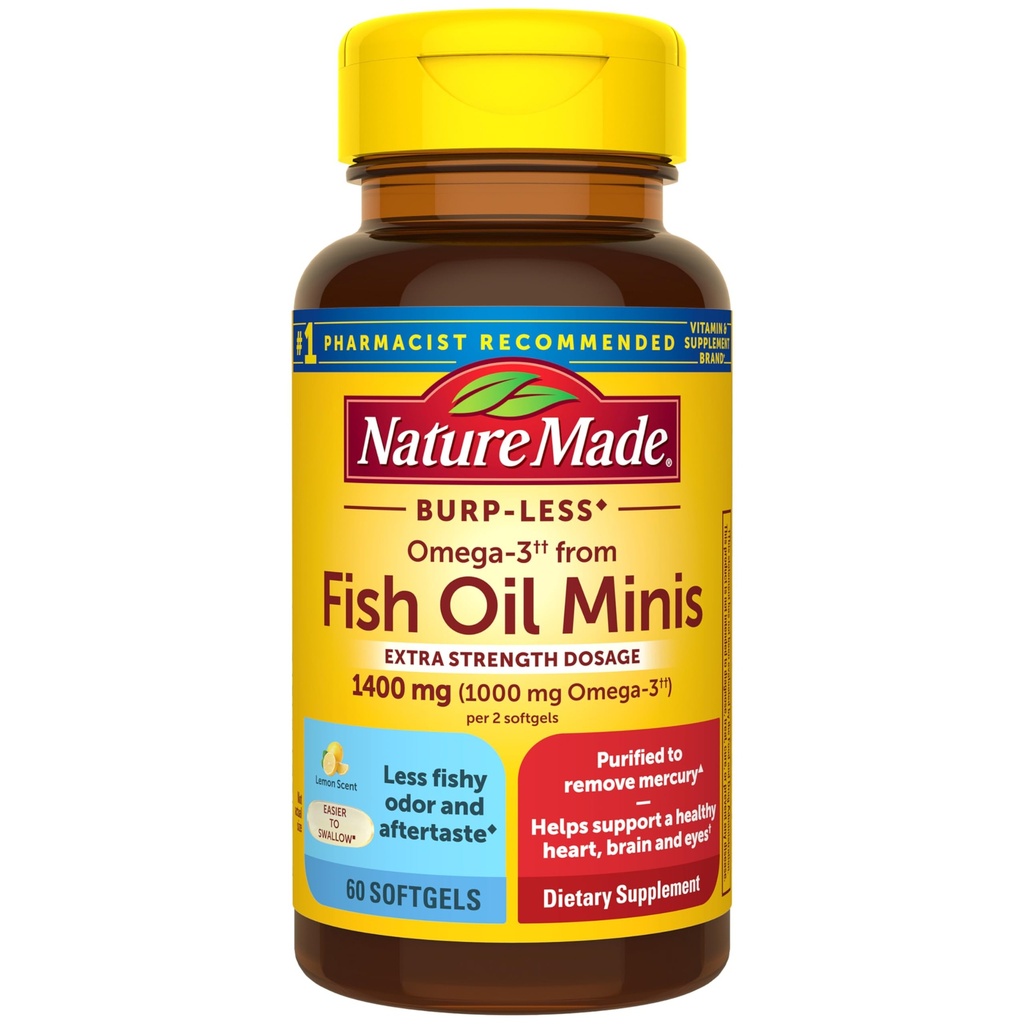 Nature Made Extra Strength Burp Less Fish Oil Omega 3 Συμπληρώματα 1400 mg Minis, Omega 3 Fish Oil as Esters for Healthy Heart Brain Eyes Support, 60 Softgels, 30 Day Supply