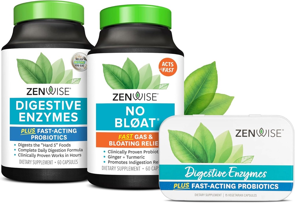 Zenwise Health Bliss Bundle Digestive Enzymes + No Bloat + Free Travel Tin - προ και Post Meal Digestive Ρουτίνα με ένζυμα και προβιοτικά για Digestion