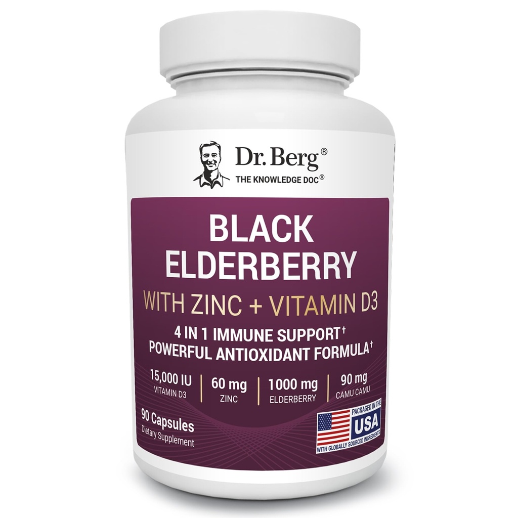 Δρ. Μπεργκ Κάψουλες Black Elderberry (Advanced Immune Support*) με 15.000 IU Βιταμίνης D, 60 mg ψευδαργύρου, & 90 mg Camu Camu - (4-in-1) Sambucus Elderberry Immune Support Supplement - 90 Κάψουλες