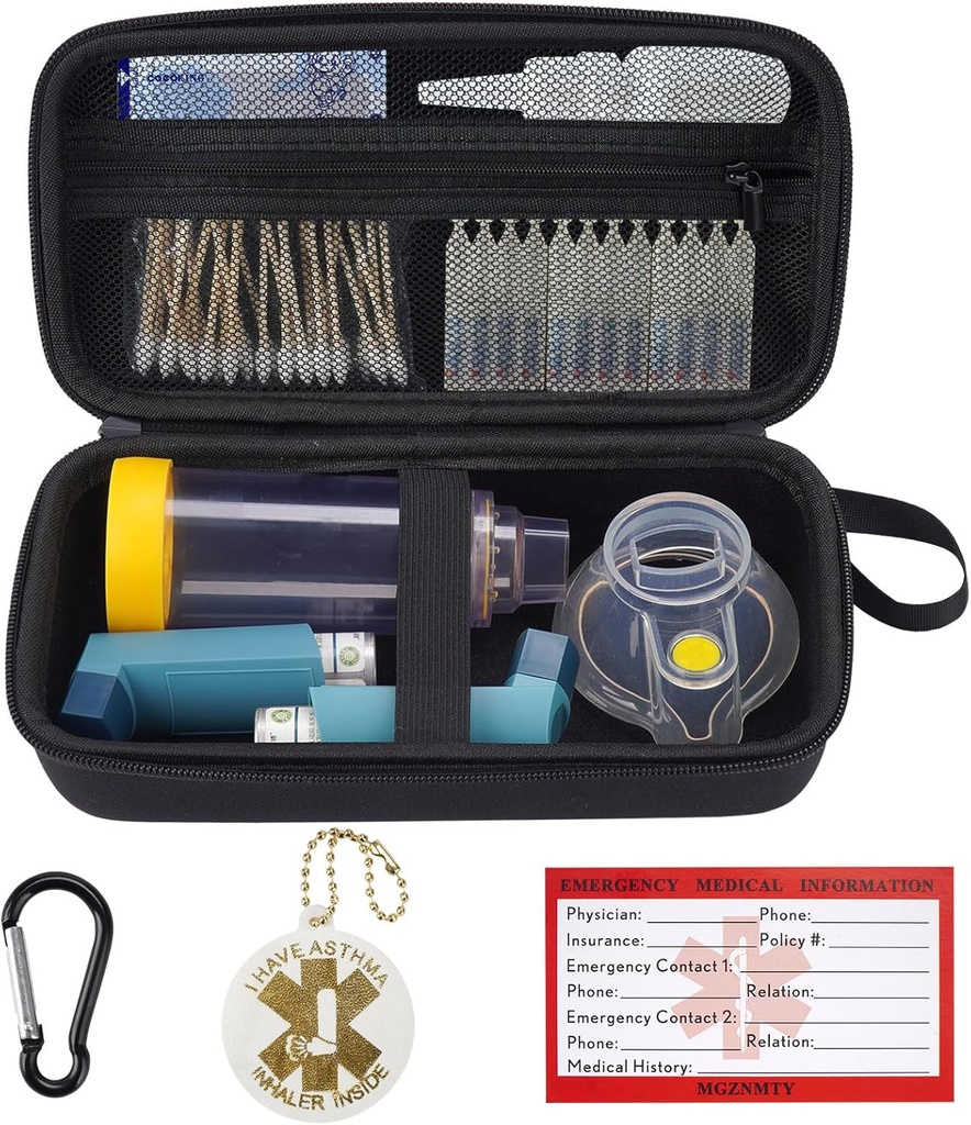 MGZNMTY Travel Carrying Case Συμβατό με το Asthma Inhaler Spacer για ενήλικες και παιδιά, Μάσκες, Inhaler Holder με Asthma Alert Tag και ιατρική κάρτα, Carabiner (Μόνο περίπτωση) (Μαύρο)