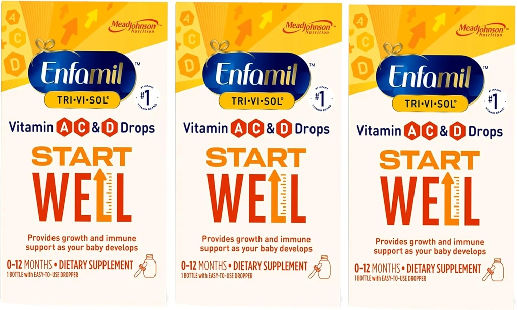 Enfamil Tri-Vi-Sol Βιταμίνη Α, C & D σταγόνες για βρέφη 0-12 μήνες, ανάπτυξη και ανοσοποίηση συμπλήρωμα διατροφής υποστήριξης, 1 φιάλη με σταγονόμετρο (πακέτο των 3)