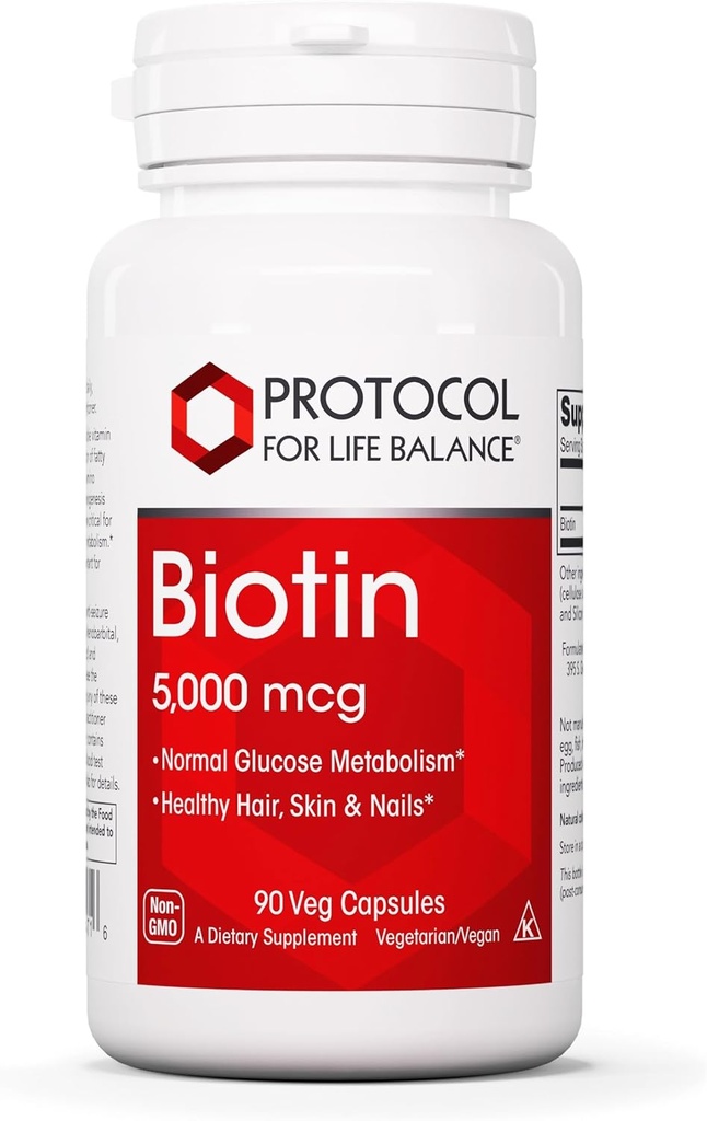 PROTOCOL FOR LIFE BALANCE Biotin 5,000mcg - Vitamin B7 Supplement - Hair, Skin, Nails Support - for Carb Metabolism & Cell Growth - Biotin Vitamin B Capsules - 90 Veg Caps