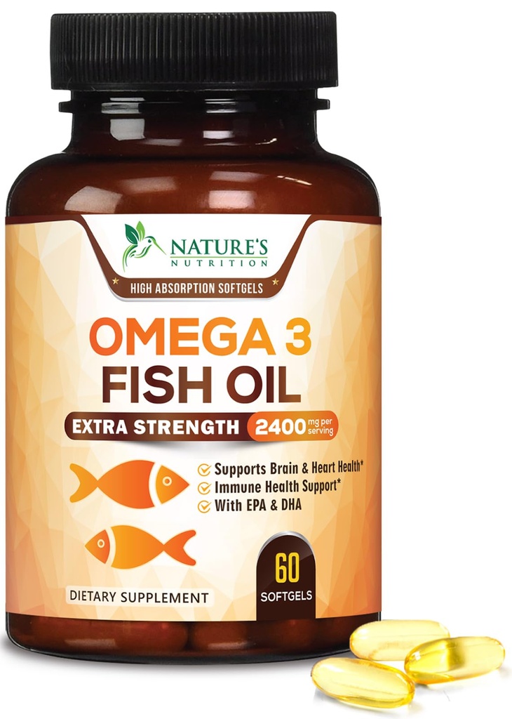 Ωμέγα 3 ιχθυέλαιο 2400 mg – Τριπλή δύναμη EPA & DHA λιπαρά οξέα για την καρδιά, τον εγκέφαλο και κοινή υποστήριξη – Wild-Caught, Burpless, συμπλήρωμα γεύσης λεμονιού – φυσικό, μη-GMO, χωρίς γλουτένη – 60 Softgels