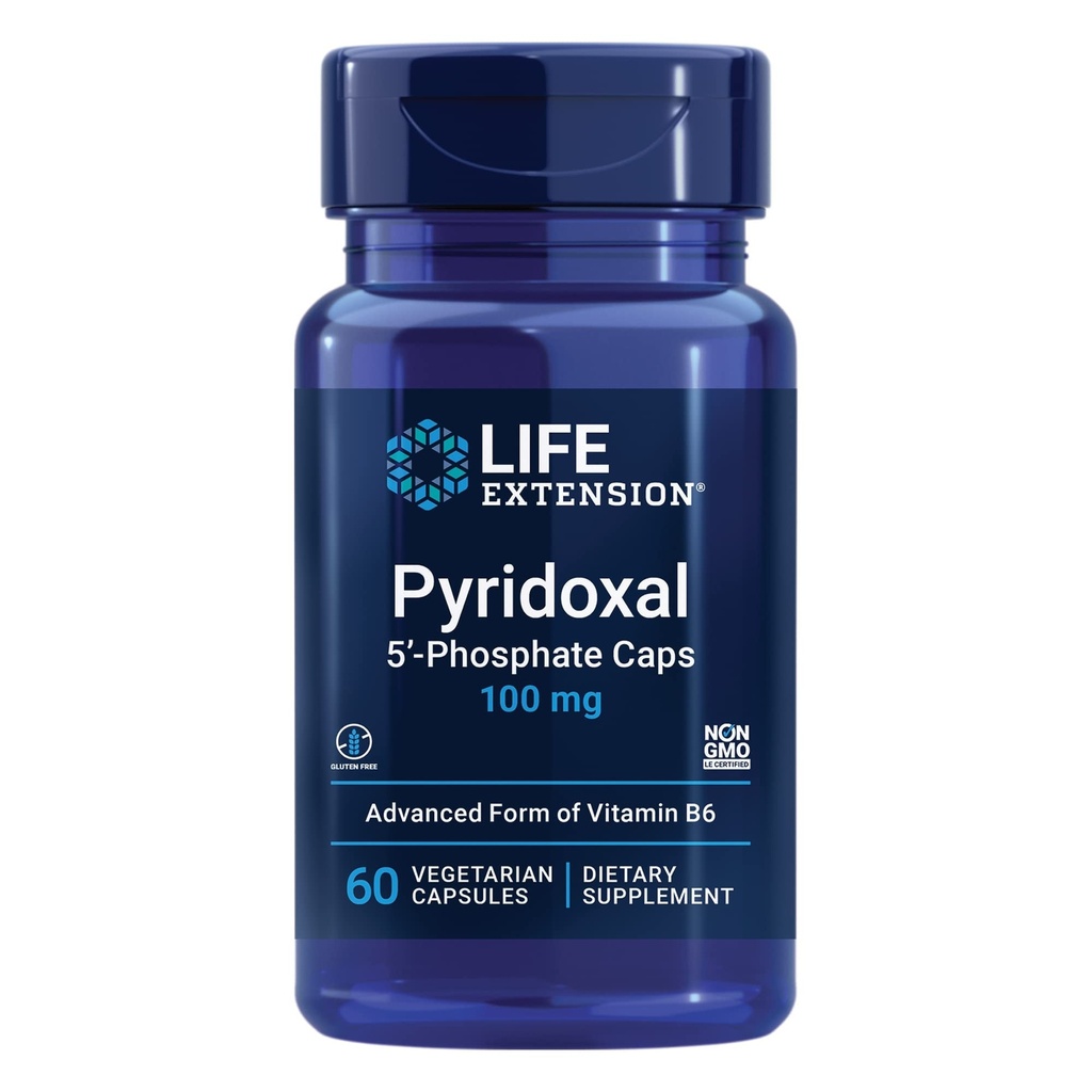Επέκταση ζωής Πυριδοξάλη 5'- Phosphate Caps— Βιταμίνη B6, 100 mg, Βιοενεργό B6 για την καρδιοαγγειακή, νεφρική και νευρική υγεία— Gluten-free, μη GMO, χορτοφαγικές κάψουλες—60