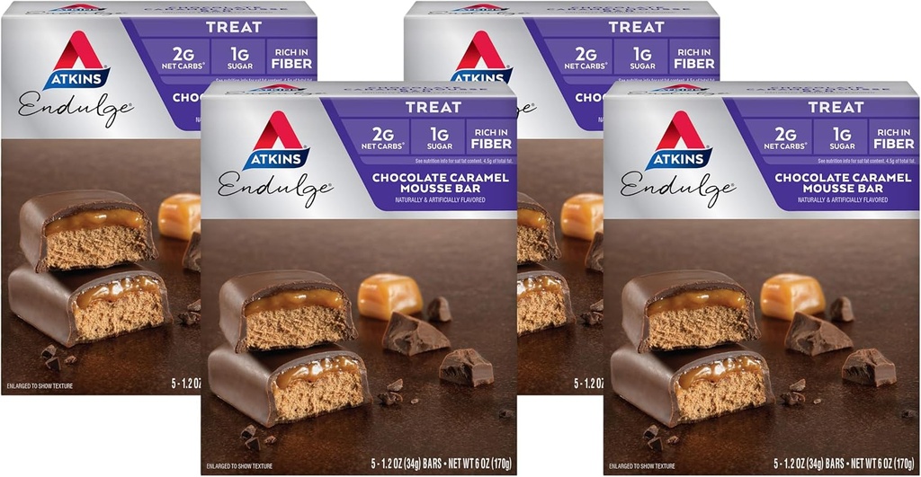 Atkins Endulge Chocolate Caramel Mousse Bar, Επιδόρπιο Αγαπημένο, 1g Ζάχαρη, Υψηλό σε Fiber, 5 Count (Pack of 4)