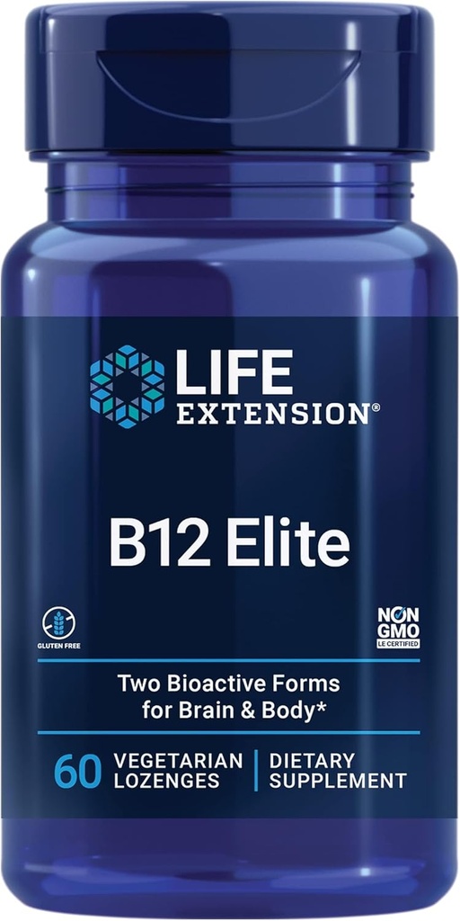 Επέκταση ζωής B12 Elite, adenosylcobalamin, methylcobalamin, Δύο Ενεργές Μορφές για την Εγκεφαλική Υγεία & Dopamine Παραγωγή, Μη ΓΤΟ, Χωρίς Γλουτένη, Χορτοφαγικά, 60 lozenges