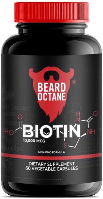 Beard Octane Biotin - Beard Hair Growth with Biotin 10.000mcg - 60-Day Supply - Υγιεινή, Ισχυρή, Ταχύτερη, Παχύ γενεαλογικό συμπλήρωμα ανάπτυξης βιταμίνης - Made in The USA