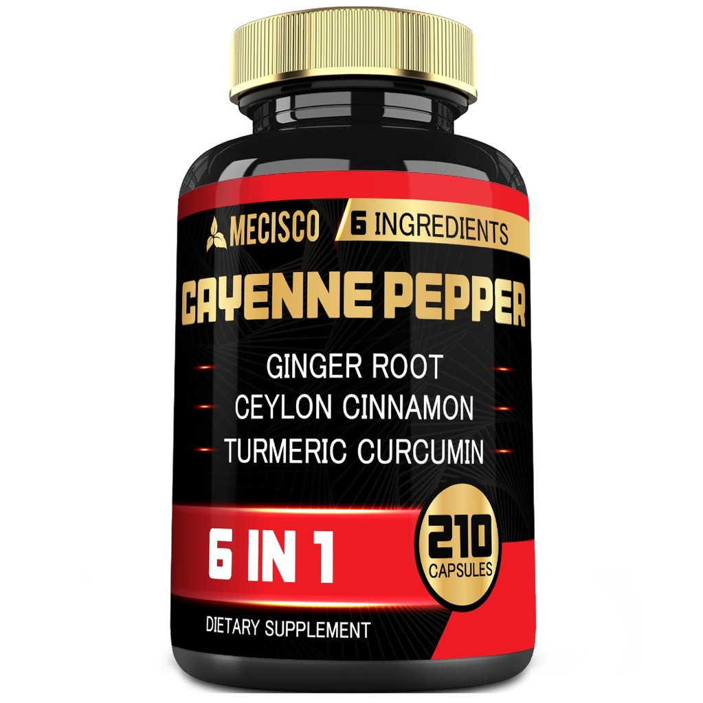 6in1 Κάψουλες εκχύλισμα πιπεριού Cayenne με οργανική ρίζα κουρκουμίνης, μαύρο πιπέρι, και περισσότερα - Σύστημα πέψης υποστήριξης, υγεία της καρδιάς, λειτουργία ανοσίας - 210 κάψουλες