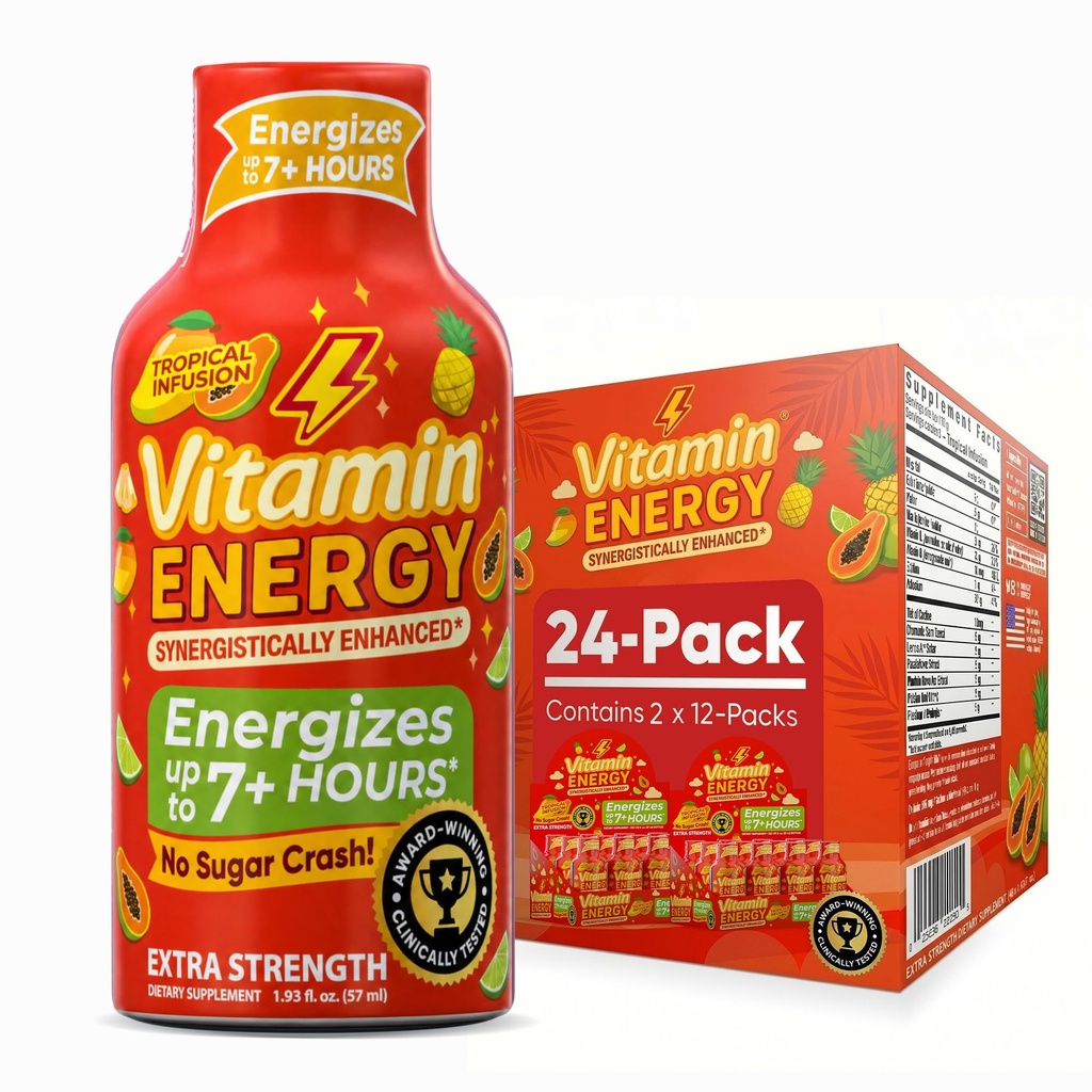 Vitamin Energy Focus+ Extra Strength Energy Shot Tropical Infusion 24 Pack, 260mg Natural Caffeine, B-Vitamins, CoQ10, Amino Acids, Focus, Productivity & Clarity, Zero Sugar, Gluten-free, 1.93 fl oz