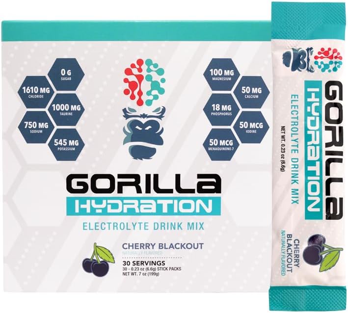 Gorilla Mind Hydration Packets - 3.073mg Ηλεκτρολύτες On The Go Βολικό Μείγμα Ποτού για Πλήρη Συμπλήρωση - Μηδενική Ζάχαρη, Φυσικώς Γλυκασμένη & Φιλική νηστεία - 30 Count (Cherry Blackout)