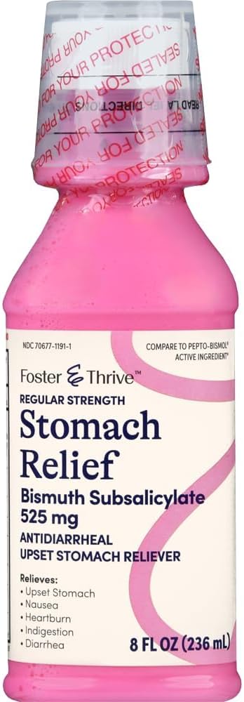 Foster & Thrive Stomach Relief Liquid for Nausea, Heartburn, Indigestion, Upset Stomach, and Diarrhea - Fast Relief for 5 Συμπτώματα, Antidiarrheal, Bismuth Subsalicate 525 mg, Original, 8 Oz