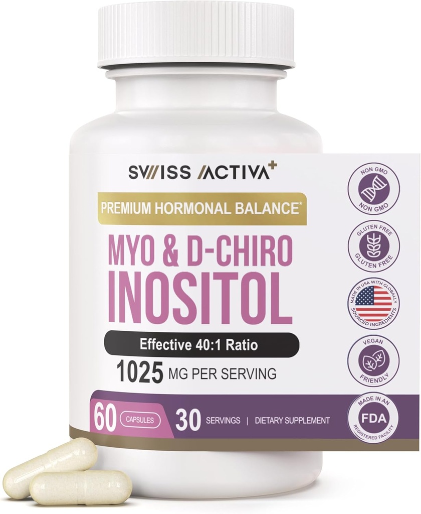 Swiss Activa+ Labs Myo Inositol Supplement & D-Chiro Inositol Supplement - Premium Hormone Balance for Women & PCOS Supplements - Regulate Menstrual Cycle - Ovarian Support - 30 Days Supply