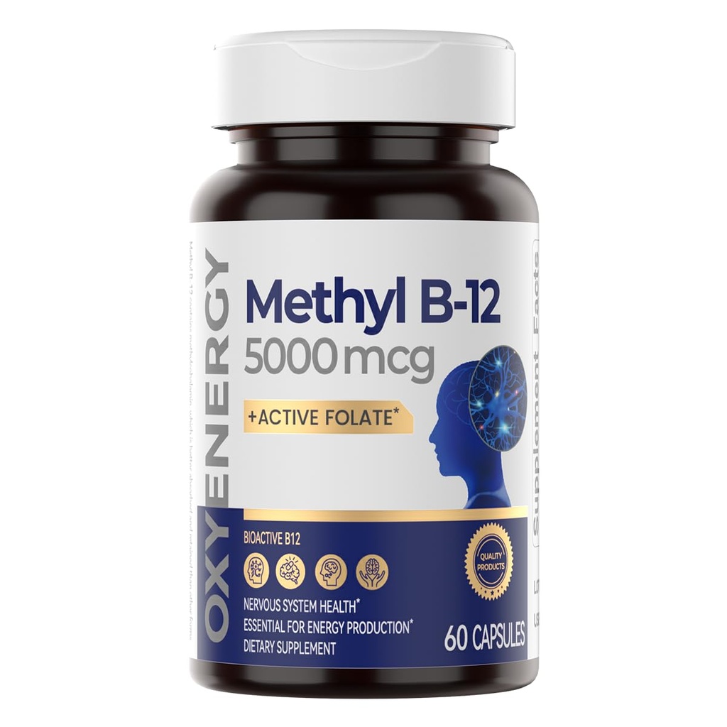 OxyEnergy Methyl Vitamin B12 5000mcg, Extra Strength Methylcobalamin B-12 Συμπληρώματα με Folate, Support Nerves, Energy Μεταβολισμός & Γνωστική, 60 Κάψουλες