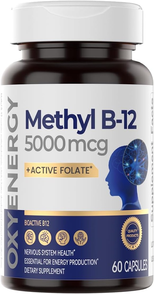 OxyEnergy Methyl Vitamin B12 5000mcg, Extra Strength Methylcobalamin B-12 Συμπληρώματα με Folate, Support Nerves, Energy Μεταβολισμός & Γνωστική, 60 Κάψουλες