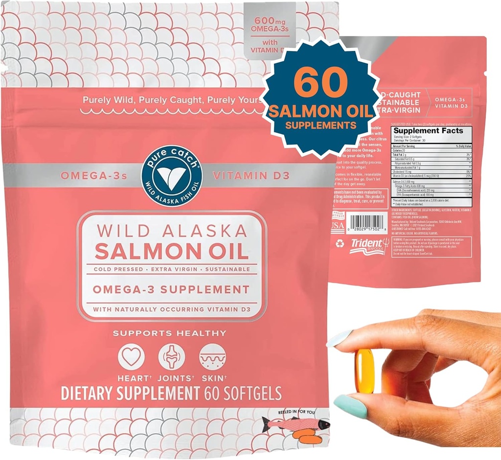 Trinent Seafoods Pure Catch Wild Alaskan Fish Oil for Women + Vitamin D3 - Συμπλήρωμα ιχθυελαίου ωμέγα-3 σολομού - EPA και DHA - 60 Count Daily Citrus Soft Gel - Κοινή Υποστήριξη, το δέρμα, και την υγεία της καρδιάς