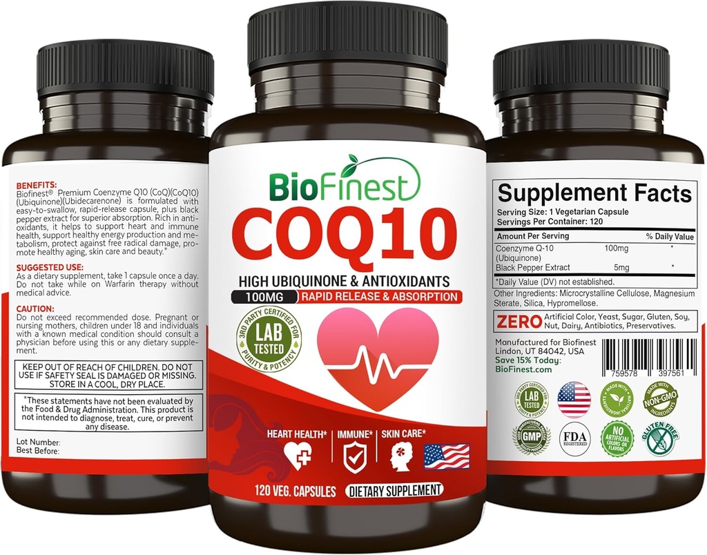 BioFinest CoQ10 Coenzyme Q10 100mg συμπλήρωμα - ταχεία απελευθέρωση γρήγορη απορρόφηση - ανοσοποιητική ενέργεια της καρδιάς Αντιοξειδωτικό (120caps)
