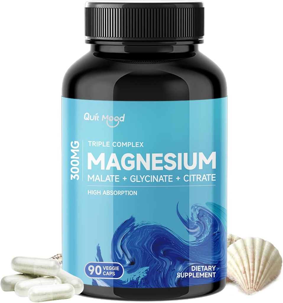Quitmood Triple Magnesium Complex | 300mg of Magnesium Glycinate, Malate, & Citrate for Muscles, Nerves, & Energy | High Absorption | Vegan, Non-GMO | 90 Capsules