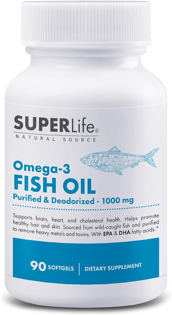 Omega-3 Fish Oil - 1000 mg Purified & Deodorized from Wild Caught Fish with EPA & DHA Fatty Acids | Supports Heart, Brain, Hair & Skin Health | Supplement - 90 Softgels