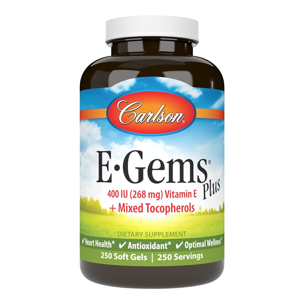 Carlson - E-Gems Plus, Φυσική Βιταμίνη Ε 400 IU, Υποστηρίζει μια υγιή καρδιά, 250 μαλακά τζελ