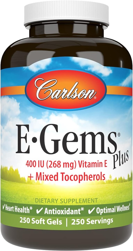 Carlson - E-Gems Plus, Φυσική Βιταμίνη Ε 400 IU, Υποστηρίζει μια υγιή καρδιά, 250 μαλακά τζελ