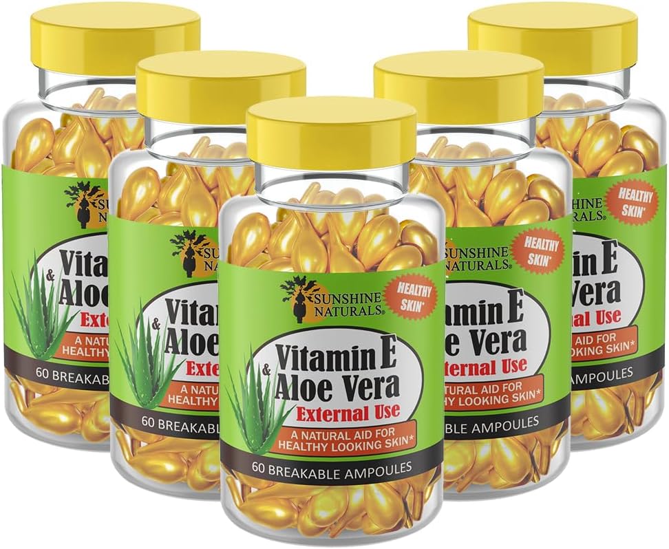Sunshine Naturals Βιταμίνη Ε και Aloe Vera Moisturizer. Ενυδατική Φόρμουλα για το Ξηρό Δέρμα, Καταπραϋντική Ανακούφιση, Νούρισμα και Ελαστικότητα του Δέρματος. Προάγει το μαλακό και υγιές δέρμα. 60 φιαλίδια. Συσκευασία των 5