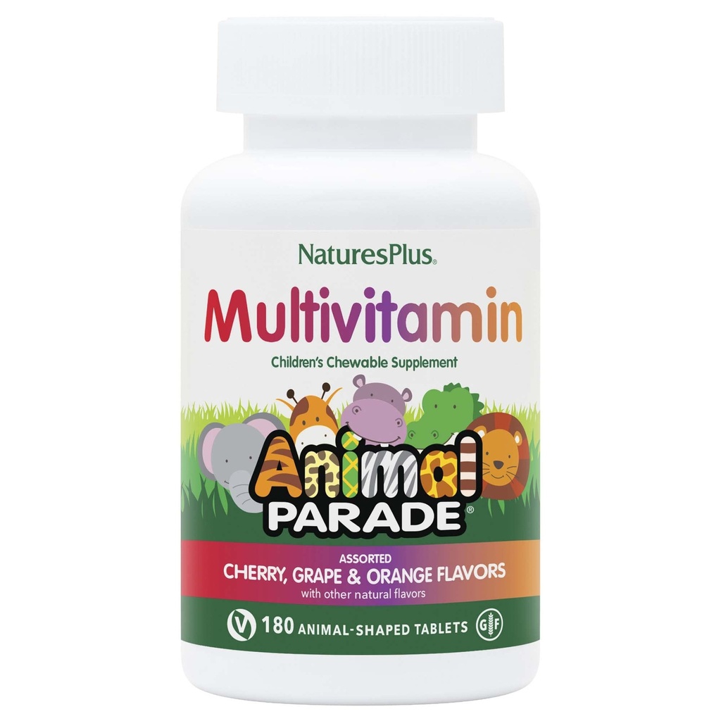 NaturesPlus Animal Parade Children's Chewable Multivitamin - 180 Animal-Shaped Tablets - Natural Assorted Flavors - Vegetarian, Gluten Free - 90 Servings