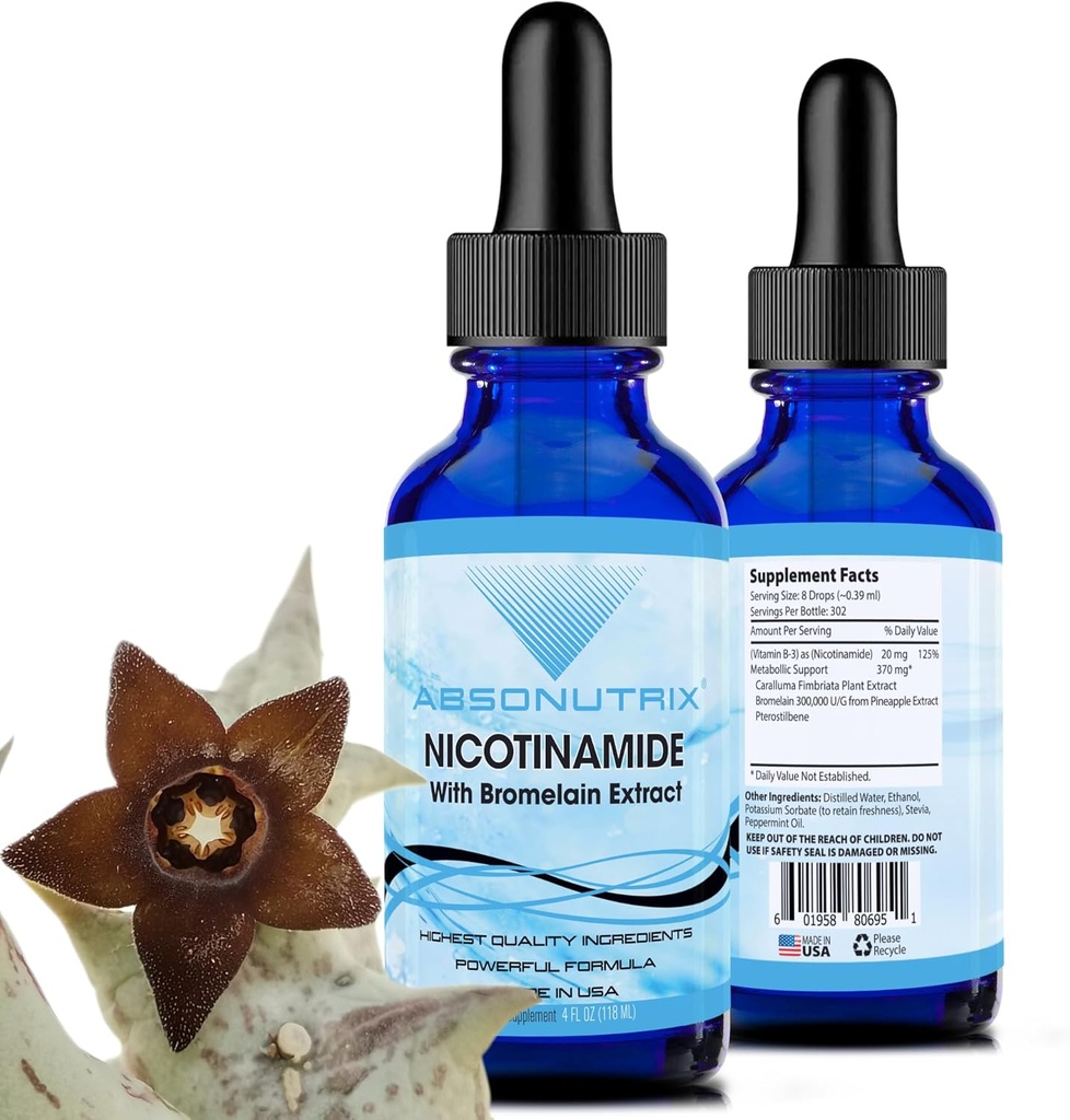 Absonutrix Nicotinamide με εκχύλισμα Bromelain Advanced Formula 390 mg, 4 Oz Liquid, 302 Servings, Made in USA, Quick Absorpation, Quality Potent Ingredients, Non-GMO, GMP Certified Facility